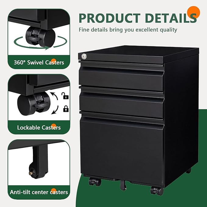 Fully Assembled 3 Drawer File Cabinet for Under Desk File Cabinet with 5 Casters &amp Smooth Gliding for Home Office Legal Letter and A4 Files One Lock (Black)