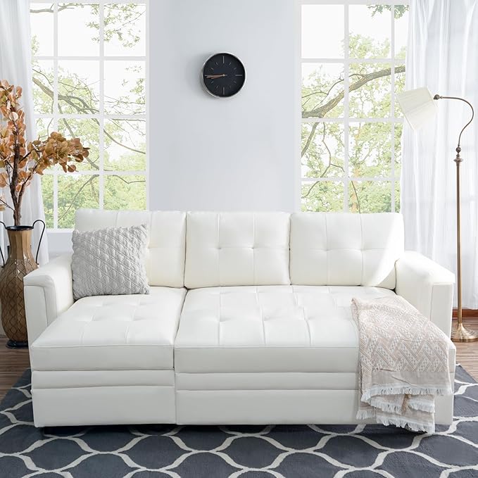 Naomi Home L-Shaped Sectional Sleeper Sofa with USB Ports - Convertible Pull-Out Bed Ample Storage Timeless Design Durable Construction White/Air Leather