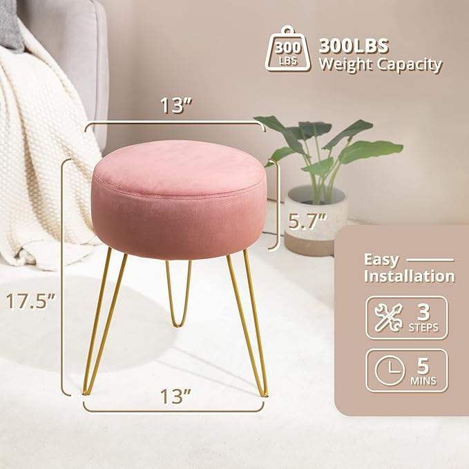 LUE BONA Vanity Stool Pink Vanity Stools for Makeup Room Round Ottoman Foot Stool Velvet Footrest Vanity Chair for Bathroom Vanity Bedroom Living Room Entryway Offices 300lbs