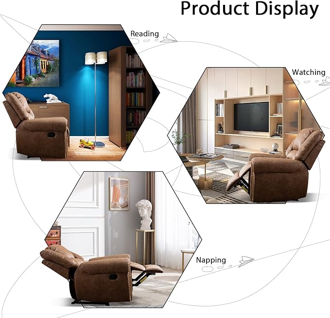 INZOY Leather Recliner Chair Heavy Duty Manual Reclining Sofa Single Lounge Sofa for Living Room Home Theater Seating Light Brown