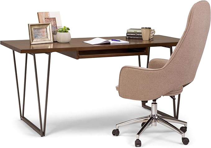 SIMPLIHOME Ryder SOLID WOOD Modern Industrial 66 inch Wide Writing Office Desk in Natural Aged Brown for the Office Desk Writing Table Workstation and Study Table