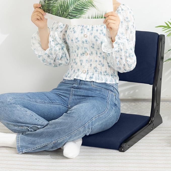 HollyHOME Foldable Tatami Chair Upholstered Japanese Style Floor Chair Wood Legless Back Rest Chair with Cushion Accent Meditation Floor Seat for Bay Window Living Room Bedroom Dark Blue
