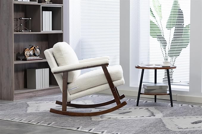 ZeHuoGe Mid Century Modern Accent Chair Rocking Chair with Wood Frame Upholstered Living Room Chairs Reading Armchair for Bedroom Sunroom (Antique White)