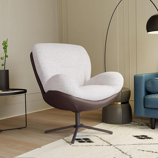 360° Swivel Office Chair Modern Chenille Chair with Faux Leather and Black Metal Base e No Wheels Accent Chair for Small Spaces Living Room Bedroom Reading Corner Office (White)