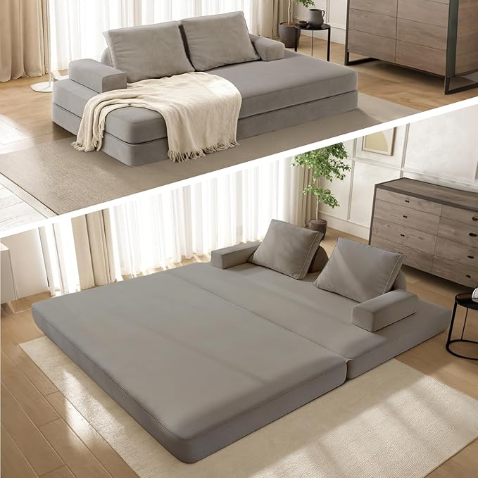 87 Folding Sofa Bed King Size Convertible Sleeper Sofa with Movable Backrest Foldable Futon Floor Couch Bed Chenille Boneless Couches for Living Room(Grey)