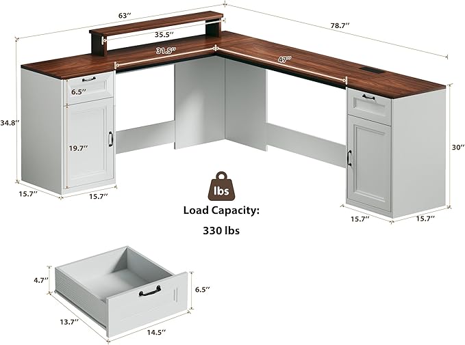 78 Farmhouse L Shaped Executive Desk with Drawers Modern Computer Desk with Power Outlets Office Writing Desk with Monitor Stand &amp Storage Cabinet Printer Shelf Antique White