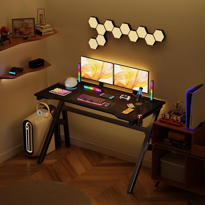 47 Inch Gaming Computer Desk Ergonomic Carbon Fiber PC Table Large Computer Desk PC Gaming Workstation Home Office Desks with Cup Holder Headphone HookRed