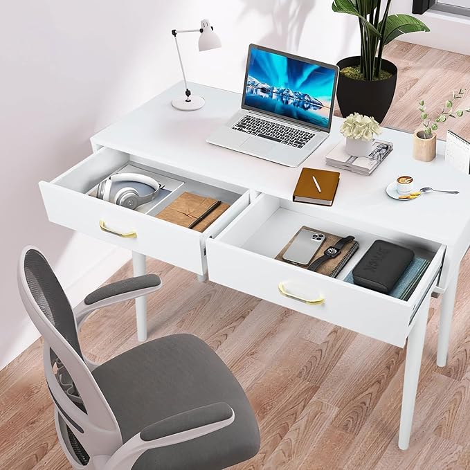 Small White Desk with 2 Drawers Modern Writing Desk for Small Spaces Home Office Desk for Study Laptop Computer Desk for Work Makeup Vanity Table for Bedroom (White)