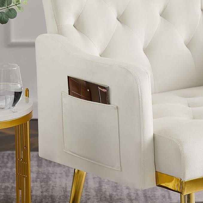 kevinplus Velvet Accent Chair Living Room Chair Leisure Single Sofa Chair Comfy Vanity Chair for Bedroom Modern and Mid-Century Armchair Sitting Chair for Reading Relaxing Gold Metal Leg White