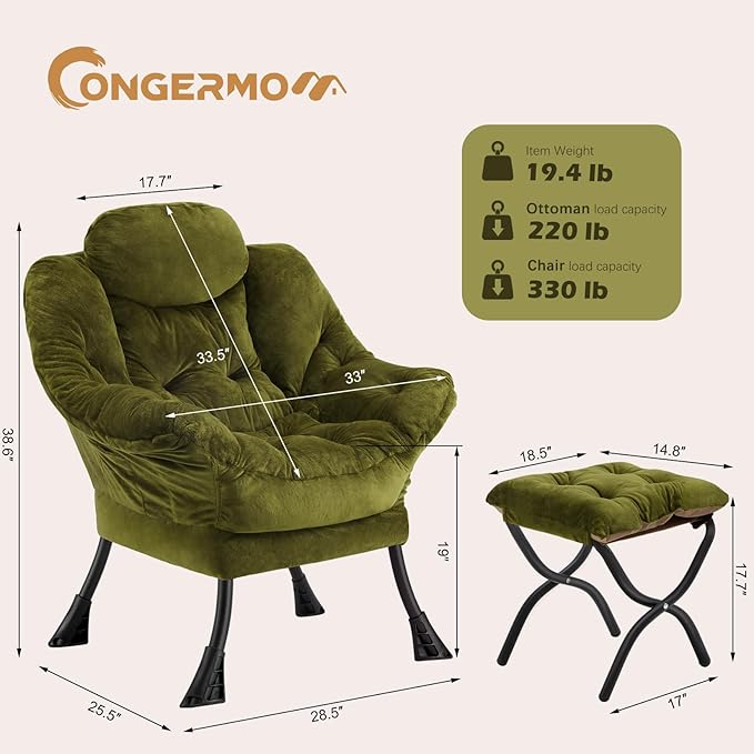 Lazy Chair with Folding OttomanLeisure Sofa ChairSoft Fabric Armchair with Armrests and Side Pockets Reading Chair with Footrest for Living Room Bedroom Office (Plush Green)