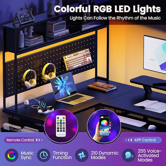 Flycity Electric L Shaped Standing Desk Adjustable Height 67 x 47 Corner Computer Desk with Host Shelf Gaming Desk with LED Lights &amp Power Outlet Dual Motor Home Office Desk with Storage Bla