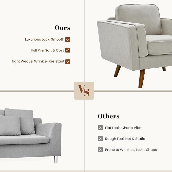 Kingfun Modern Accent Chair Set of 2 Living Room Chairs Chenille Reading Armchair Mid Century with Dual-Layer Armrests Solid Wood Frame Easy Assembly for Small Spaces Khaki