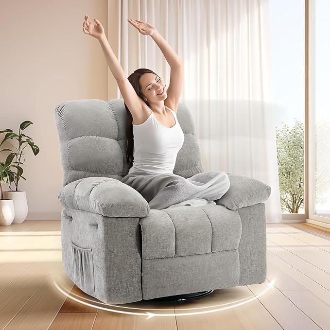 Oversized Swivel Rocker Recliner Chair for Adult360° Swivel Rock Recliner Extra Wide Manual Recliners Chenille Upholstery Overstuffed Soft Rocking Sofa ChairGray