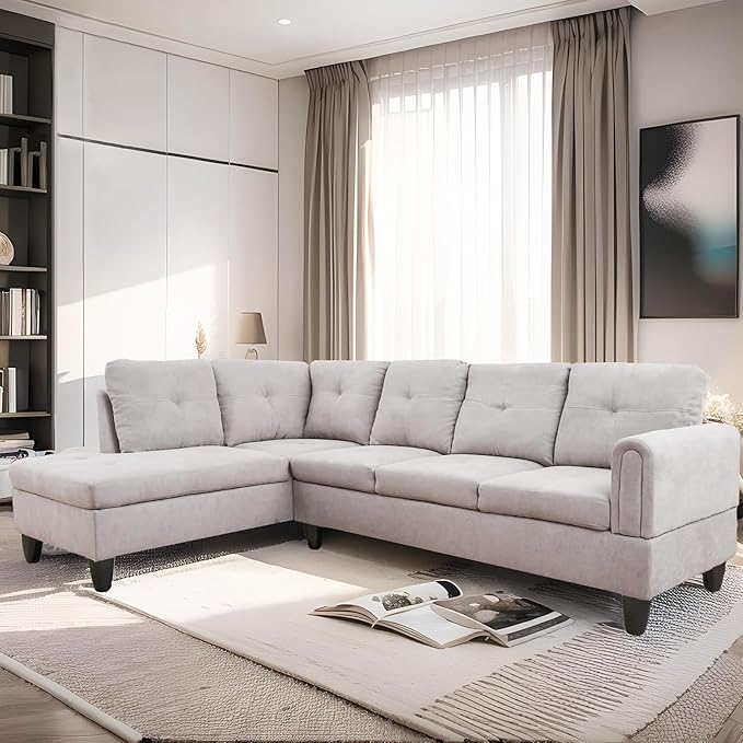 L Shaped Couch Sectional Couches with Chaise Fluffy Fabric 3 Pieces Modular Convertible Sofa for Living Room Furniture Sets and Small Apartment Light Grey