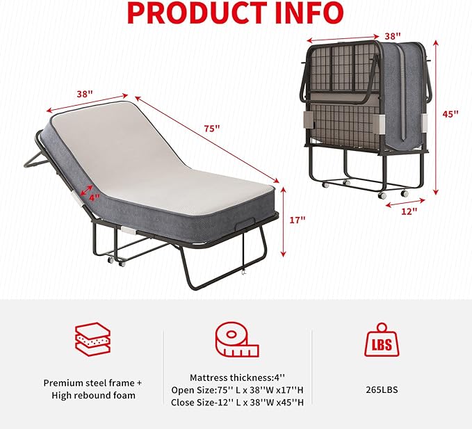 PUREMIND 75 x 38 Folding Bed with 4 Inches Mattress Portable Rollaway Guest Beds for Adults with Metal Frame &amp Swivel Wheels Twin Size Foldable Bed Fold Away Beds Space Saving