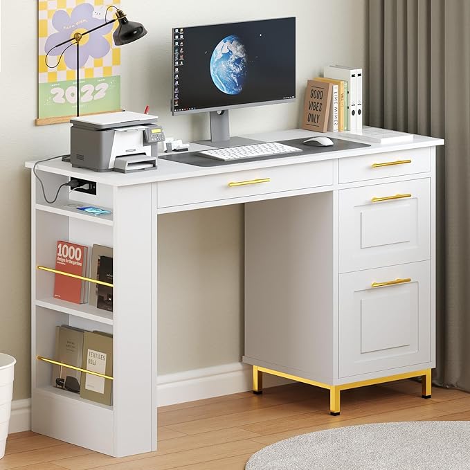 4 EVER WINNER White Desk with Drawers and Power Outlet 48 Inch Small Desks with Storage Golden Handle Girls Desk with 4 Storage Writing Table for Small Spaces White and Gold Desks