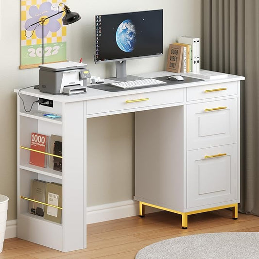 4 EVER WINNER White Desk with Drawers and Power Outlet 48 Inch Small Desks with Storage Golden Handle Girls Desk with 4 Storage Writing Table for Small Spaces White and Gold Desks