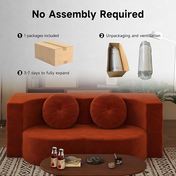 2-in-1 Full Size Convertible Floor Sleeper Couch Sofa Bed78”Folding Boneless Large Futon Loveseat Sofa with 2 Pillows Foam-Filled Compression Guest Couches Bed for Living Room (Orange)