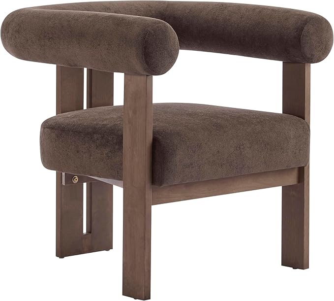 Christopher Knight Home Rones Modern Velvet Upholstered Accent Chair Wooden Living Room Club Chair with Curved Backrest Minimalist Bedroom Comfy Reading Chair Thick Padded Seat Dark Brown+Walnut