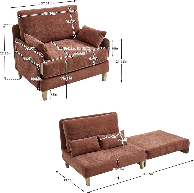 GDFStudio Foldable Sofa Bed Recliner 3-in-1 Convertible Sleeper Sofa with Pillows Mid Century Modern Chenille Upholstery for Small Spaces Bedroom Study Room Guest Room Orange