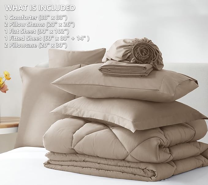 CozyLux Queen Comforter Set Khaki - Bed in a Bag Queen Size 7 Pieces Luxury Soft Bed Set for All Seasons Bedding Set with Down Alternative Comforter Sheets Pillowcases &amp Shams