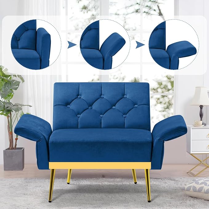 Velvet Accent Chair w/Adjustable Armrests and Backrests Tufted Single Sofa with Ottoman Upholstered Reading Chiar for Living Room Apartment Bedroom Blue