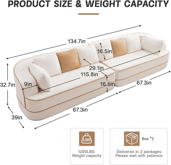 134.7 Boneless Couches for Living Room 4-Seater Modular Sectional Sofa Cloud Couch with Deep Seat No Assembly Required (White)
