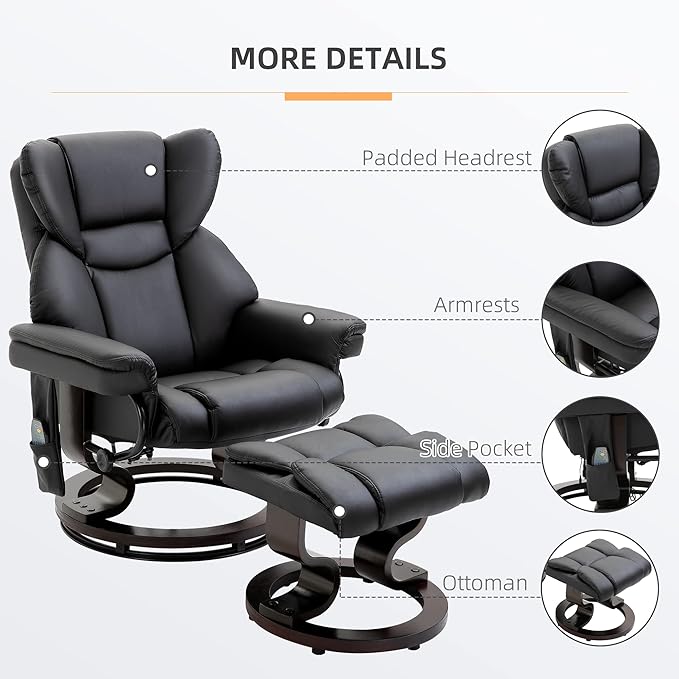 Massage Recliner Chair with Ottoman Footrest 10 Vibration Points 360° Swivel Reclining Chair Faux Leather Living Room Chair with Side Pocket and Remote Control Black
