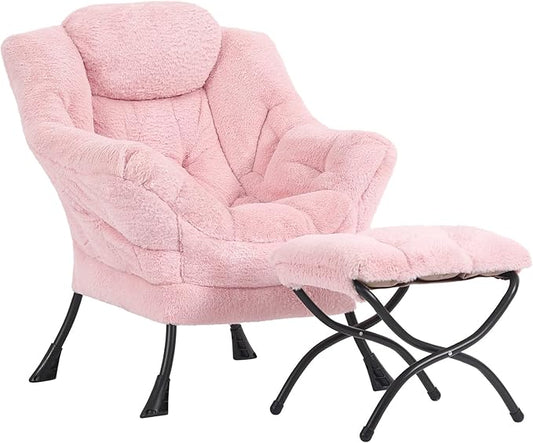 Lazy Chair and Ottoman Large Contemporary Plush Pink Accent Chair with Side Pocket Modern Leisure Upholstered Reading Armchair with Footrest for Office Bedroom Living Room Dorm Balcony