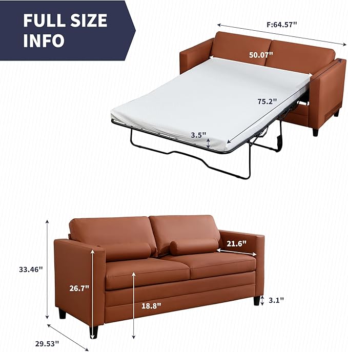 Full Size Pull Out Sofa Bed 2 in 1 Sleeper Sofa with Memory Foam Fold Out Mattress Modern Convertible Couch Bed with Faux Leather for Living Room Guestroom Apartment (Cognac Hue)