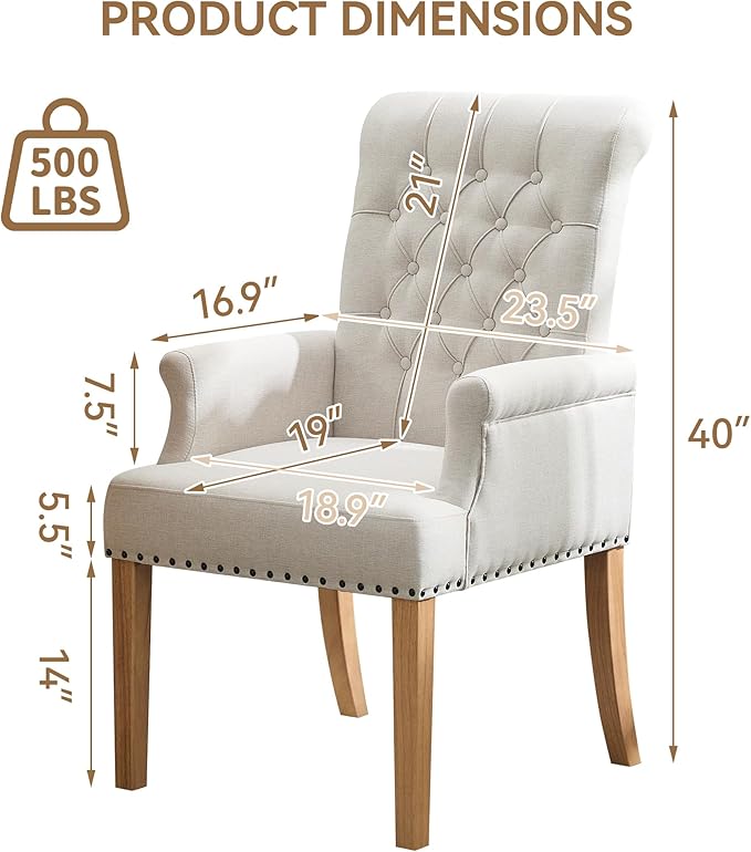Fabric Dining Chair with Arms Upholstered Tufted High Back Dining Room Chairs Accent Armchair with Solid Wood Leg and Nailhead Trim Kitchen Dining Living Room Beige