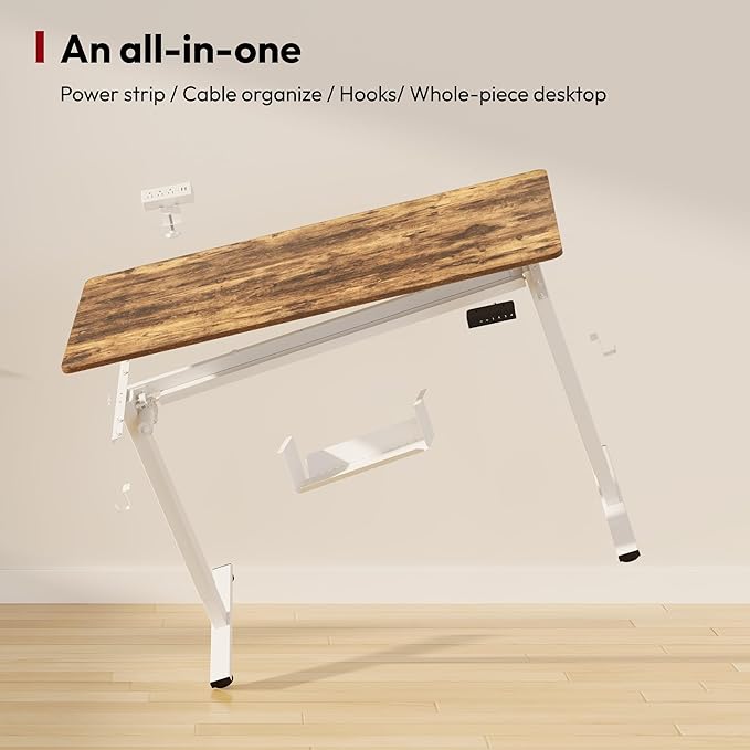 SANODESK Electric Standing Desk with Desk Clamp Power Strip 48x 24 Whole-Piece Desktop Height Adjustable Stand Up with Cable Management Sit Stand Home Office White Frame/Rustic Brown Top