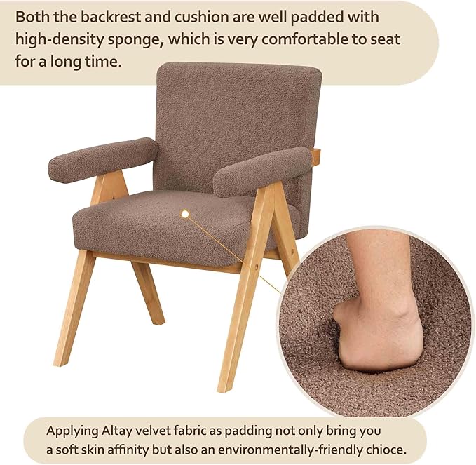 Modern Velvet Upholstered Accent Chairs Set of 2 with Wood Frame and Armrest Fabric Wooden Armchairs for Living Room Bedroom Office Reading Room (Brown)