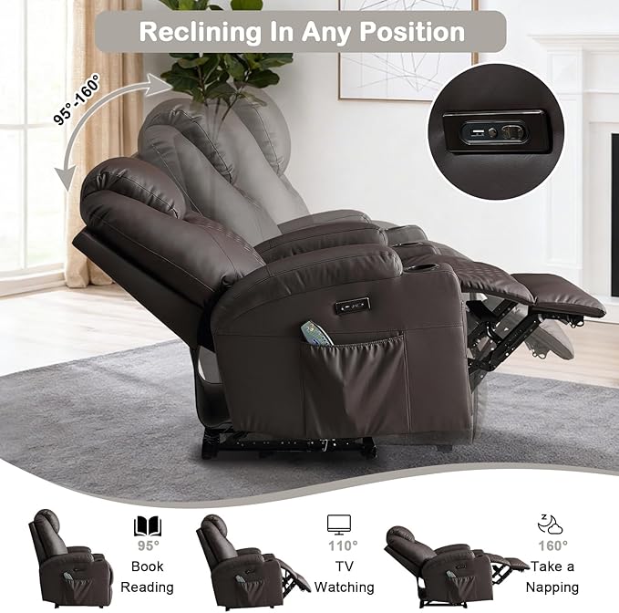 Power Recliner Chair with Heat and Massage for Adults - Home Theater Seating with LED LightsCup HoldersSide PocketUSB Port - Recliner Sofa for Living Room