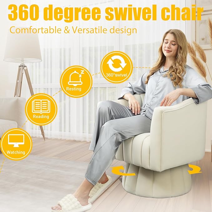 Accent Chair Mid Century 360 Degree Swivel ChairModern Lounge Sofa Round Barrel Chair with Wide UpholsteredFluffy Velvet Fabric Chairs for Home Sofa Living Room/Bedroom/Waiting Room (Beige)