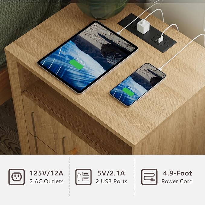 Nightstand with Charging Station Mid Century Modern Nightstand with Arched Design Boho End Table with Wood Grain Texture Bedside Table for Bedroom Living Room Sofa Office Oak