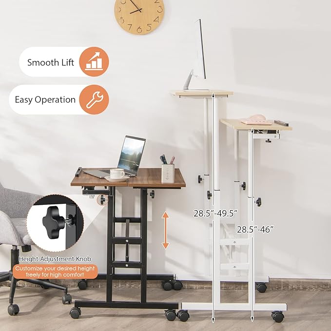 Tangkula Mobile Stand Up Desk Height Adjustable Home Office Desk with Standing &amp Seating 2 Modes Tilting Tabletop &amp Flexible Wheels Rolling Laptop Cart Sit Stand Desk (Walnut)