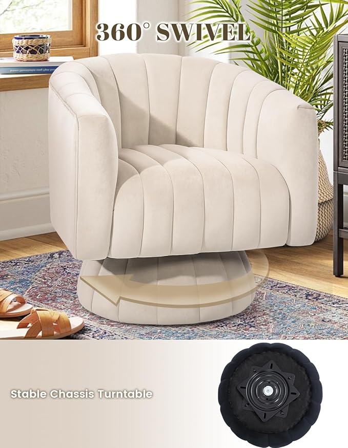 Kromax Swivel Accent Chair with Armrest Set of 2 Mid Century 360 Degree Swivel Barrel Chair Overstuffed Tufted Velvet Ideal for Living Room Bedroom Reading Room Beige