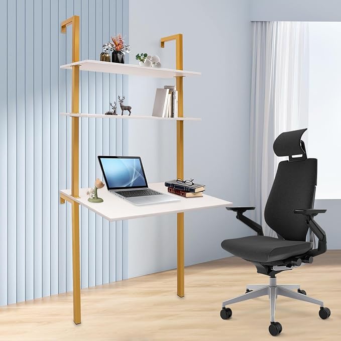 3 Tiers Wall Mounted Desk 30 * 20 * 72.8in Industrial Wall Mount Computer Writing Table with Storage Ladder Style Computer Laptop Desk for Home Office Gold&ampWhite