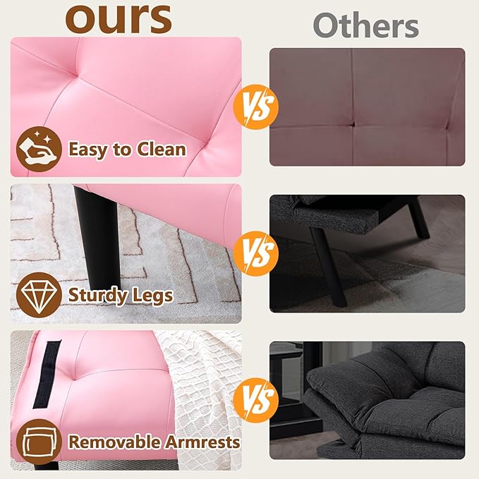 67” Futon Sofa Bed with Pillows Modern Convertible Futon Couch with 2 Cup Holders&amp Removable Armrests for Small Spaces Living Room Solid Wood Frame (Pink PU Leather)