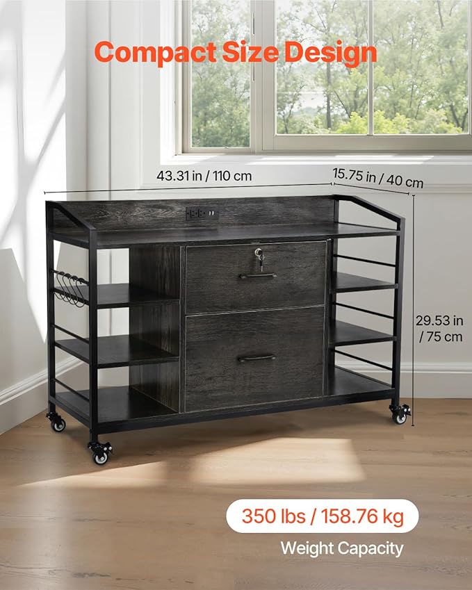 VEVOR 2 Drawers Metal File Cabinet Lateral Filing Cabinet with Lock and 6 Open Shelves Wooden Wide Filing Storage Cabinets with Power Strip for Letter A4 Legal Size File Easy Assembly Gray