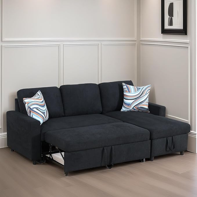 FONTOI Sofa Bed Pull Out Couch Convertible Sectional Sleeper Sofa with Storage Chaise Modern Lounge L Shaped Couch Bed for Living Room Bedroom Small Spaces Blue