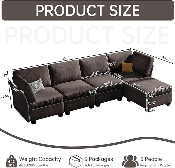 L Shaped Sofa Modern Sofa Modular sectional Cloud Couch with 1 Ottomans 5-seat Chenille deep-seat with Storage and 6 Pillows for Living Rooms bedrooms and Apartments (Coffee)
