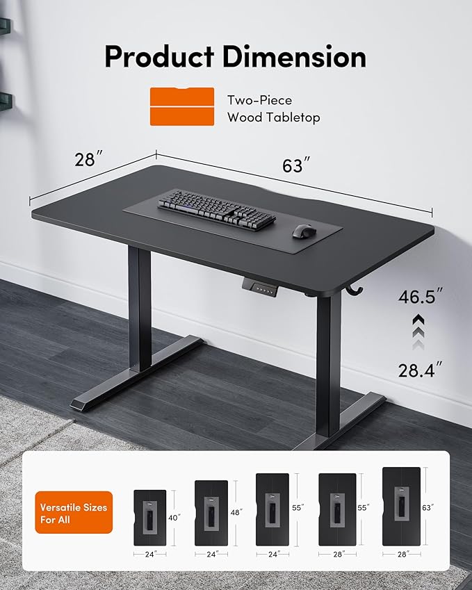 FEZIBO Standing Desk 63×28 Inches Electric Height Adjustable Sit Stand Up Computer Office Desk with Splice Board Black Frame/Black TOP