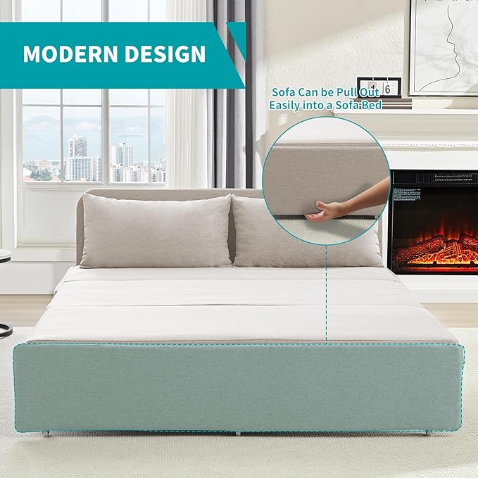 BALUS 43 W Queen Size Sleeper Couch Bed Pull Out Sofa with Pullout Beds 2 in 1 Convertible Linen Single Sleepers Sofas Chair with Foldable Mattress and Pillows for Small Space Apartment Beige