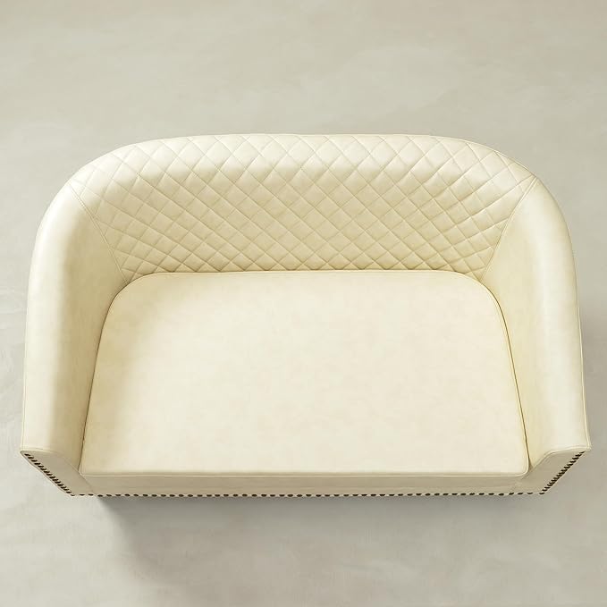 KINWELL 50 Faux Leather Upholstered Loveseat Sofa with 2 Swivel Barrel Accent Chairs Minimalist Comfy 2-Seater Couch and Armchair for Small Spaces Apartment Cream