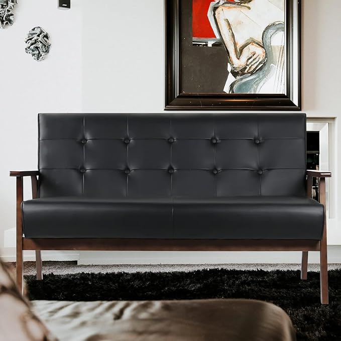 AODAILIHB Black Mid Century Modern Leather Loveseat Sofa Small Office Couch Love Seat with Wood Frame Booth Seating 2 Person Leather Love Seat Couch for Waiting Room