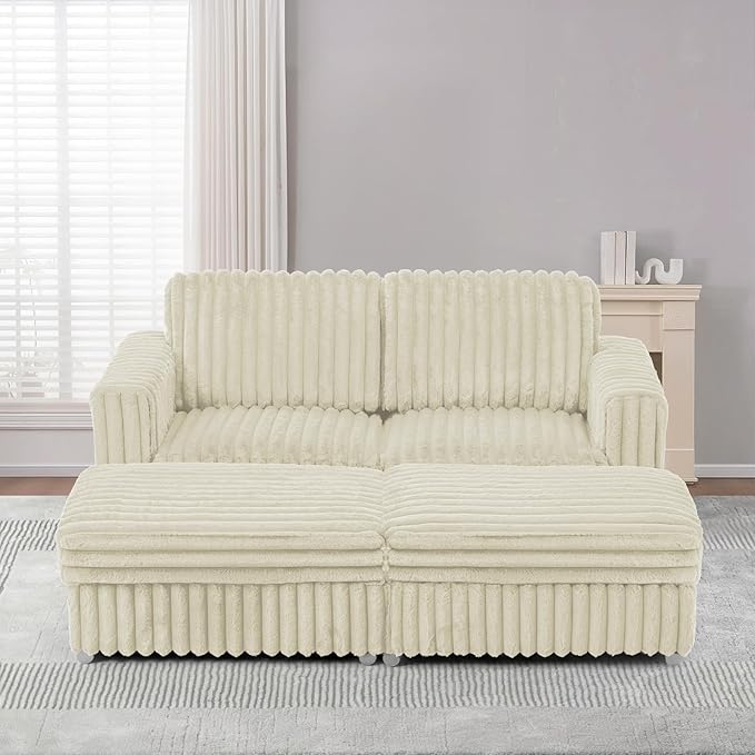 72 U-Shape Corduroy Sofa with 2 Movable Ottomans Upholstered Seational Sofa with Stable Feet Deeper 2 Seats Couch with Thickened Seat Cushions for Living Room Bedroom Office Beige