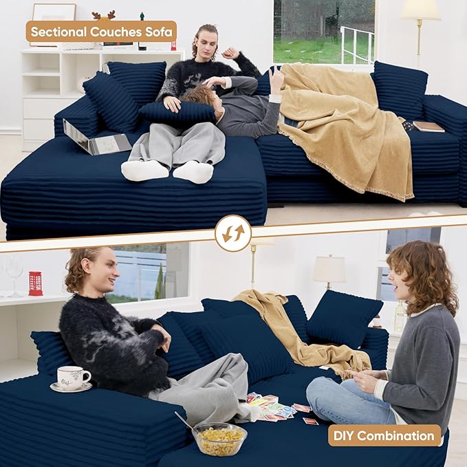 111'' Sectional Corduroy Sofa with Chaise Extra Large L Shaped Convertible Sleeper Couches Set Reversible Bed with 8pcs Cushions for Living Room Bedroom