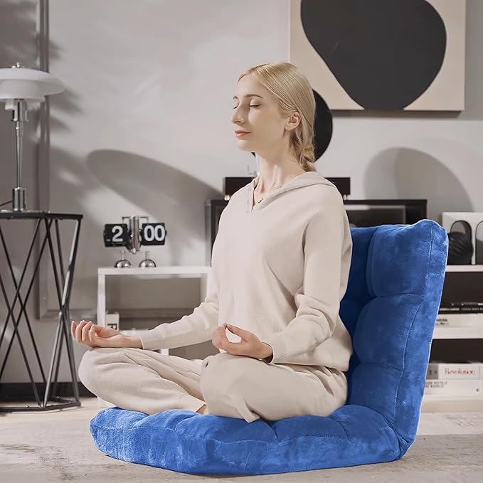 S AFSTAR Cushioned Floor Chair 14-Position Adjustable Padded Lazy Recliner with Comfortable Back Support and Skin-Friendly Cover Great for Reading Playing Game Meditating (Blue)